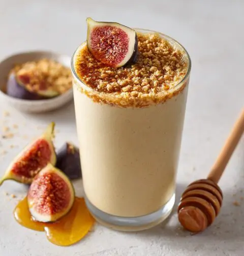 A tall glass filled with a creamy, light brown fig and honey smoothie is placed on a light grey surface. The smoothie is generously topped with a crumbly texture and garnished with half a fresh fig, revealing its red-purple flesh and tiny seeds. Around the glass, there are several pieces of cut figs, a whole fig, a dollop of golden honey with a wooden honey dipper, and a small bowl of the crumbly topping in the blurred background.