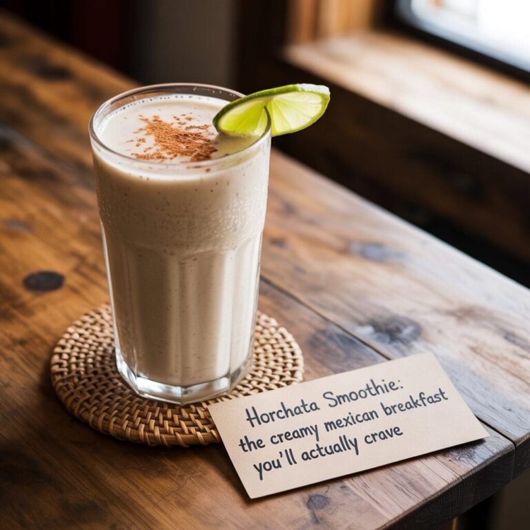 A tall glass of horchata smoothie, garnished with a lime wedge and a sprinkle of cinnamon, rests on a woven coaster on a wooden table. Beside it is a small card with the text "Horchata Smoothie: the creamy mexican breakfast you'll actually crave".