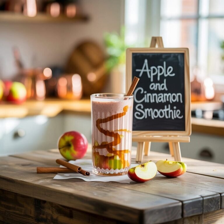 A tall glass of layered apple and cinnamon smoothie, showing green and red apple chunks at the bottom, a creamy light pink layer, and a drizzle of caramel or syrup on top, with a cinnamon stick inside. It sits on a wooden table with a whole apple, a sliced apple, and two more cinnamon sticks nearby. A small chalkboard easel next to the glass reads "Apple and Cinnamon Smoothie". The background shows a blurred kitchen setting with copper pots.