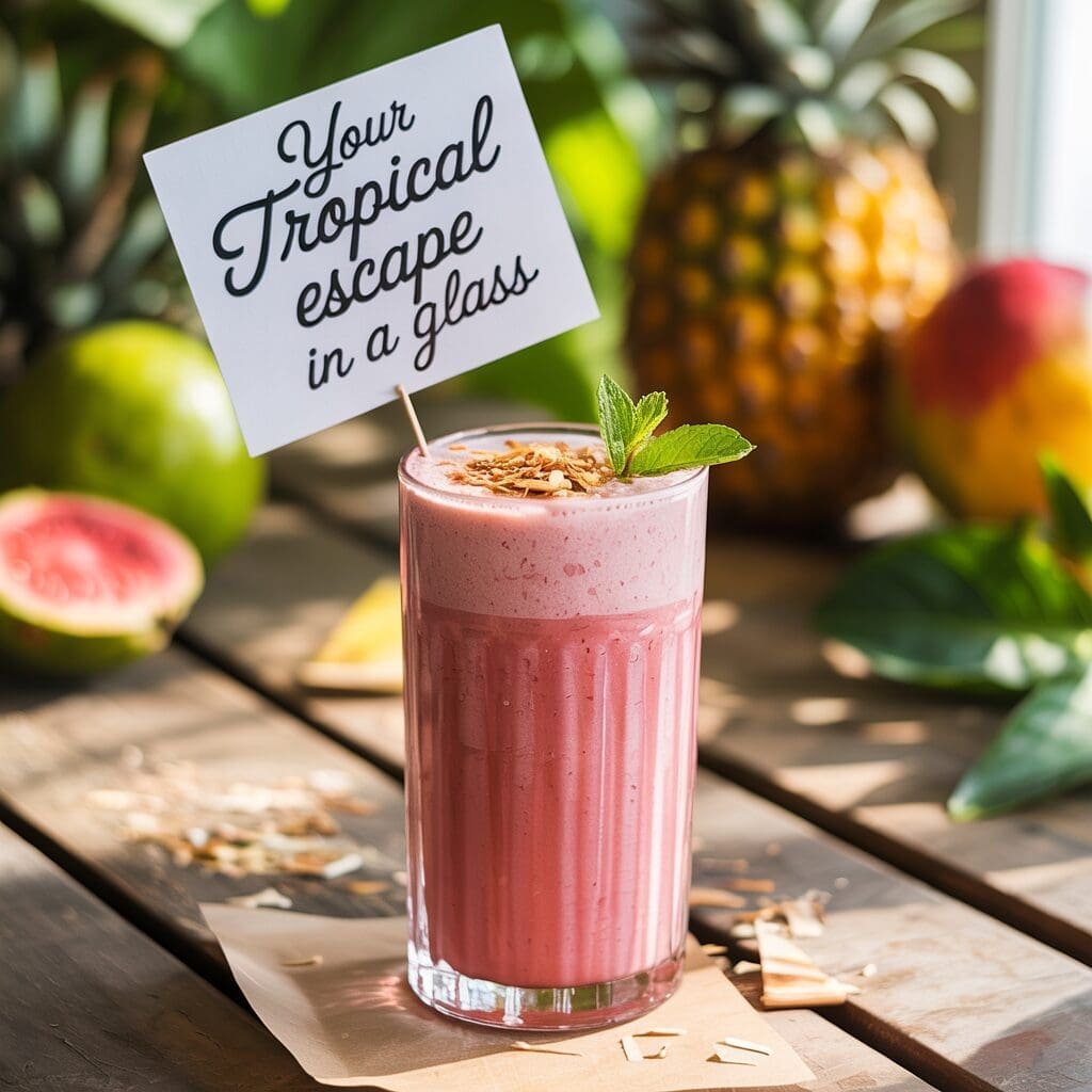 A vibrant pink layered smoothie in a tall glass, garnished with mint leaves and a sign reading "Your Tropical escape in a glass". It sits on a wooden surface with scattered coconut flakes, surrounded by fresh fruits like a whole pineapple, a mango, a green guava, and a sliced pink guava, all in a bright, natural light setting.
