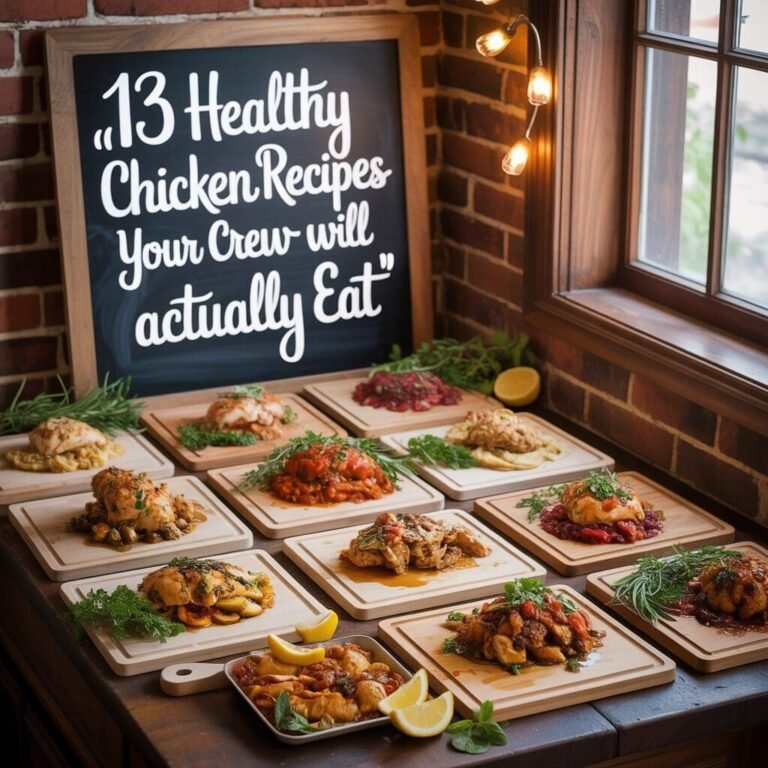 A rustic scene featuring various healthy chicken dishes on wooden boards, arranged around a chalkboard sign that reads, "13 Healthy Chicken Recipes Your Crew will actually Eat."