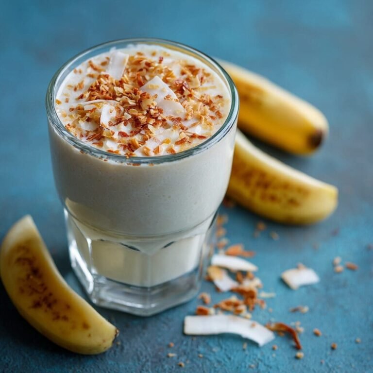 A clear glass filled with a creamy, off-white smoothie is centered on a textured blue surface. The smoothie is topped generously with toasted coconut flakes, some of which are scattered around the base of the glass. Three unpeeled bananas are arranged around the glass; two are partially visible in the background, and one is in the lower left foreground.