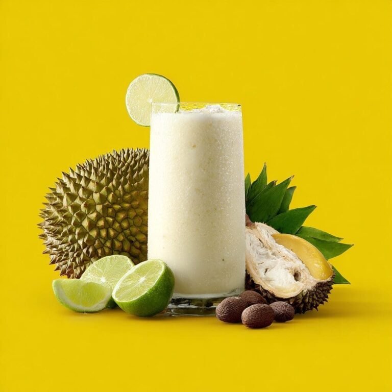 A light yellow or off-white durian smoothie in a tall glass, garnished with a lime slice, is centered on a vibrant yellow background. Surrounding the glass are various elements: to the left, a whole durian fruit with its spiky green-brown rind; to the right, a half-opened durian revealing its pale yellow flesh and a few dark brown seeds, along with some green, spiky leaves. Two lime halves and a lime wedge are also positioned in the foreground.