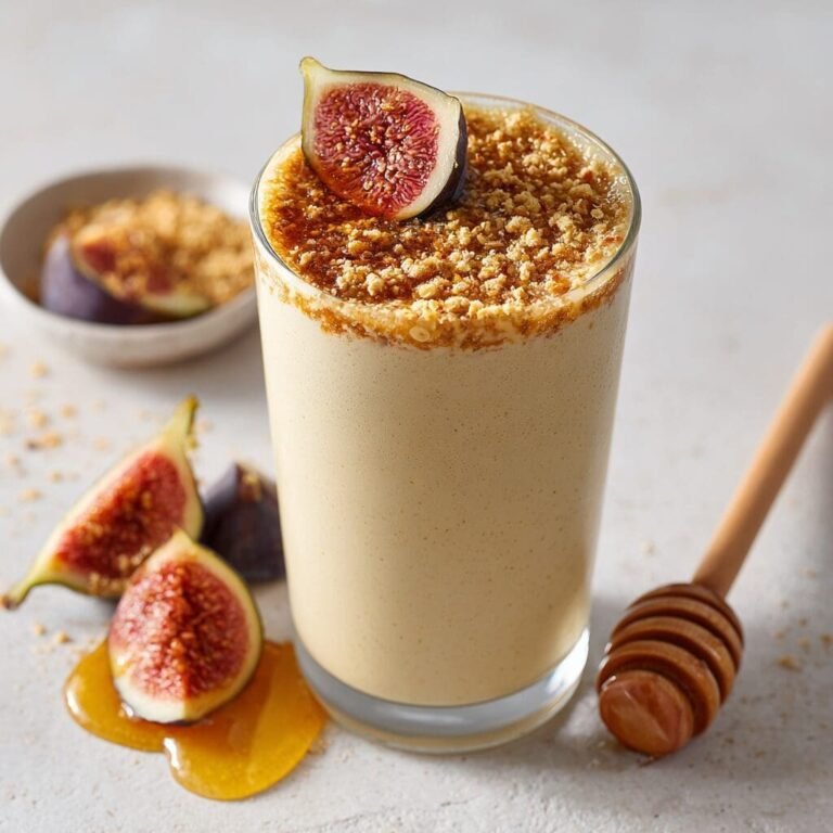 A tall glass filled with a creamy, light brown fig and honey smoothie is placed on a light grey surface. The smoothie is generously topped with a crumbly texture and garnished with half a fresh fig, revealing its red-purple flesh and tiny seeds. Around the glass, there are several pieces of cut figs, a whole fig, a dollop of golden honey with a wooden honey dipper, and a small bowl of the crumbly topping in the blurred background.