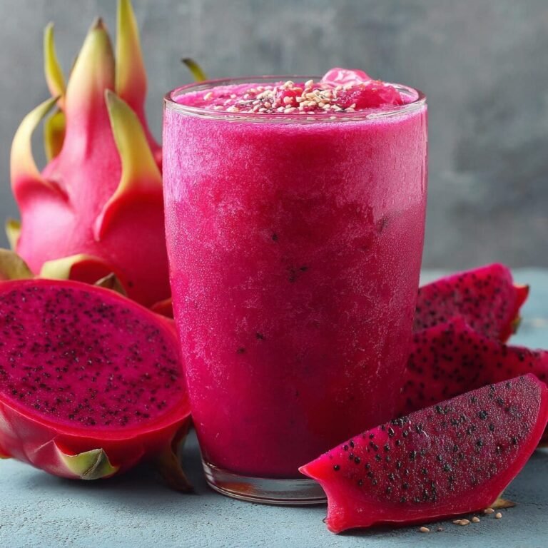 A vivid fuchsia dragon fruit smoothie in a clear glass is placed prominently in the center of the image. The smoothie is topped with a sprinkle of sesame seeds. Surrounding the glass are various pieces of fresh dragon fruit: a whole one with its distinctive pink skin and green scales in the background, a halved one revealing its dark, speckled flesh, and a few wedges of the fruit, some with seeds visible on a grey-blue surface.