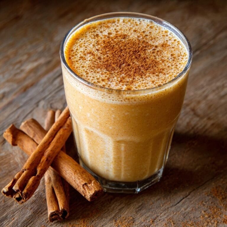 A clear glass filled with a creamy, light orange sweet potato and cinnamon smoothie, topped with a generous dusting of cinnamon powder, sits on a rustic wooden surface. Several cinnamon sticks are arranged to the left of the glass, and a small amount of cinnamon powder is scattered on the wood around the glass. The surface displays visible wood grain.