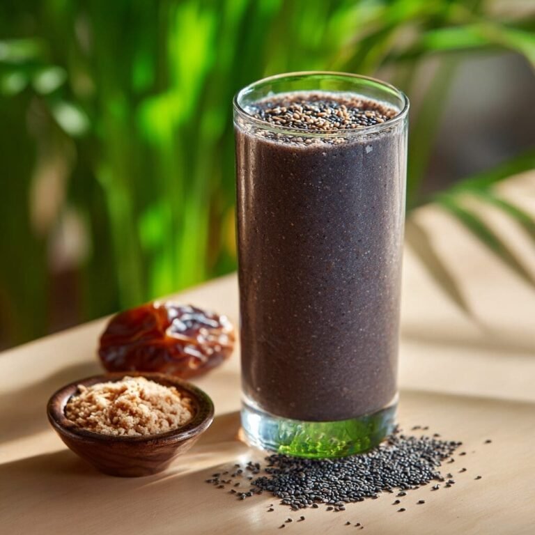 A tall glass of a dark, greyish-black smoothie, likely a black sesame smoothie, is presented on a light wooden surface. The smoothie is topped with a generous sprinkle of black sesame seeds and some lighter-colored seeds or crumbs. To the left of the glass, there's a whole date fruit and a small wooden bowl filled with light brown powder, possibly a sweetener or a spice. A small pile of black sesame seeds is scattered at the base of the glass. The background features blurred green foliage, suggesting an outdoor or natural setting.