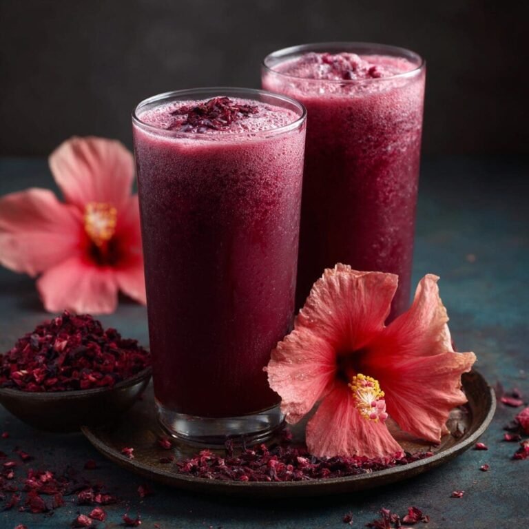 Two tall glasses of a deep reddish-purple, frothy hibiscus and berry smoothie are presented on a dark, textured surface. The smoothie in the foreground glass is topped with dried hibiscus petals. To the left, a small bowl is filled with dried hibiscus petals, and a large, fresh reddish-pink hibiscus flower lies on the surface to the right of the front glass. Another fresh hibiscus flower is partially visible in the blurred background. Dried hibiscus petals are scattered around the glasses and bowl, adding to the visual texture.