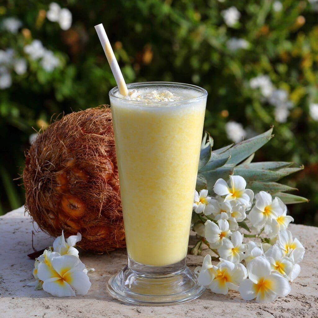 A tall glass with a footed base contains a frothy, light yellow pineapple-coconut smoothie, topped with a white straw and what appears to be shredded coconut. To the left of the glass is a whole pineapple, and behind it, a pineapple crown. In the foreground and to the right, a cluster of white and yellow plumeria flowers are artfully arranged. The setting appears to be outdoors, with a blurred background of green foliage and white flowers under bright, natural light.