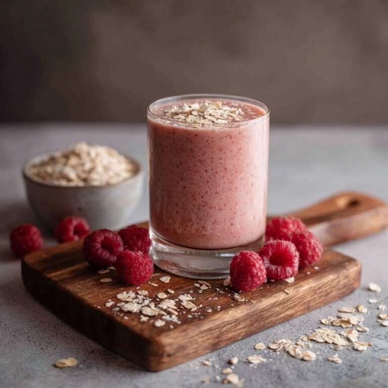 A glass of pink, speckled raspberry and oat smoothie, topped with rolled oats, stands on a small wooden cutting board. Fresh red raspberries and scattered rolled oats surround the glass on the board and on the light grey surface. In the blurred background, a bowl of oats is visible.
