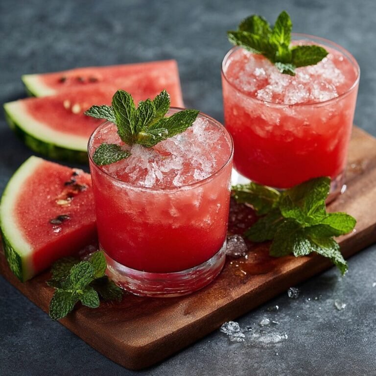 Two glasses filled with a vibrant red watermelon and mint chiller, topped with crushed ice and garnished with fresh mint sprigs, are placed on a wooden cutting board. Several watermelon slices, one with seeds visible, are arranged around the glasses. Additional fresh mint leaves and scattered ice cubes are also on the board and the dark surface it rests upon.