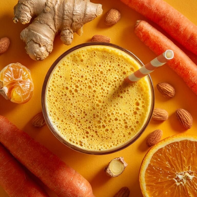 A top-down shot features a vibrant orange carrot and orange smoothie in a glass with a red and white striped straw. The smoothie is frothy with visible bubbles on its surface. Surrounding the glass on a bright orange background are various ingredients: whole carrots, a knob of ginger, whole almonds, a peeled mandarin orange segment, a cross-section of an orange, and a piece of ginger with its yellow interior exposed.