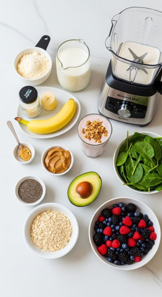 A vibrant, overhead shot of a kitchen counter with all the essential meal replacement smoothie ingredients neatly arranged: a scoop of vanilla protein powder, a cup of almond milk, half a frozen banana, a spoonful of almond butter, a quarter of an avocado, rolled oats, chia seeds, a big handful of spinach, and a bowl of mixed berries. Include a sleek blender and a glass of the finished smoothie, looking creamy and inviting, with a sprinkle of granola on top. The scene should feel fresh, organized, and energizing, with natural lighting and pops of color.
