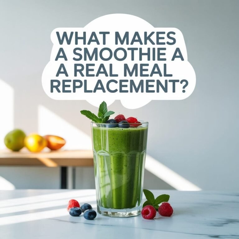 A photograph of a vibrant green smoothie in a tall glass, positioned against a clean white background. The smoothie is garnished with fresh blueberries, raspberries, and a sprig of mint, showcasing its natural ingredients. Above the glass, bold lettering reads "What Makes a Smoothie a REAL Meal Replacement?" in a modern sans-serif font, subtly illuminated by soft overhead lighting to emphasize the question. A minimalist wooden table and a few scattered fruits complete the scene, conveying a sense of health and vitality.