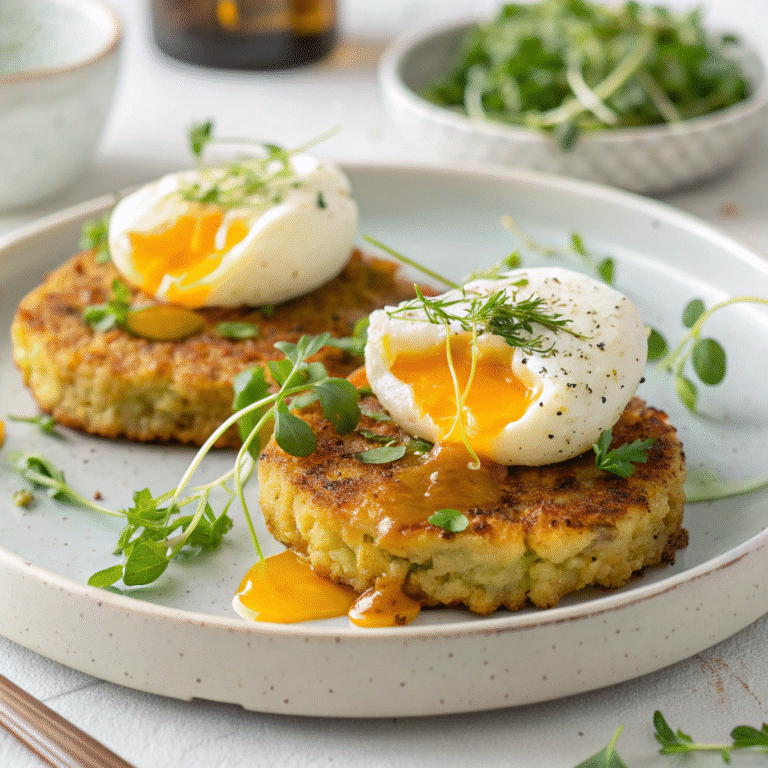 🥦 Crispy Cauliflower Rösti with Jammy Eggs + Herby Yogurt Magic