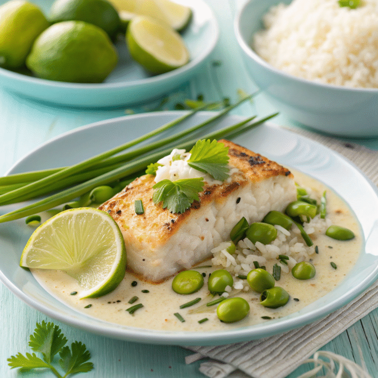 🥥🍋 Coconut-Lime Halibut Fiesta: Creamy Dream with Edamame Pop