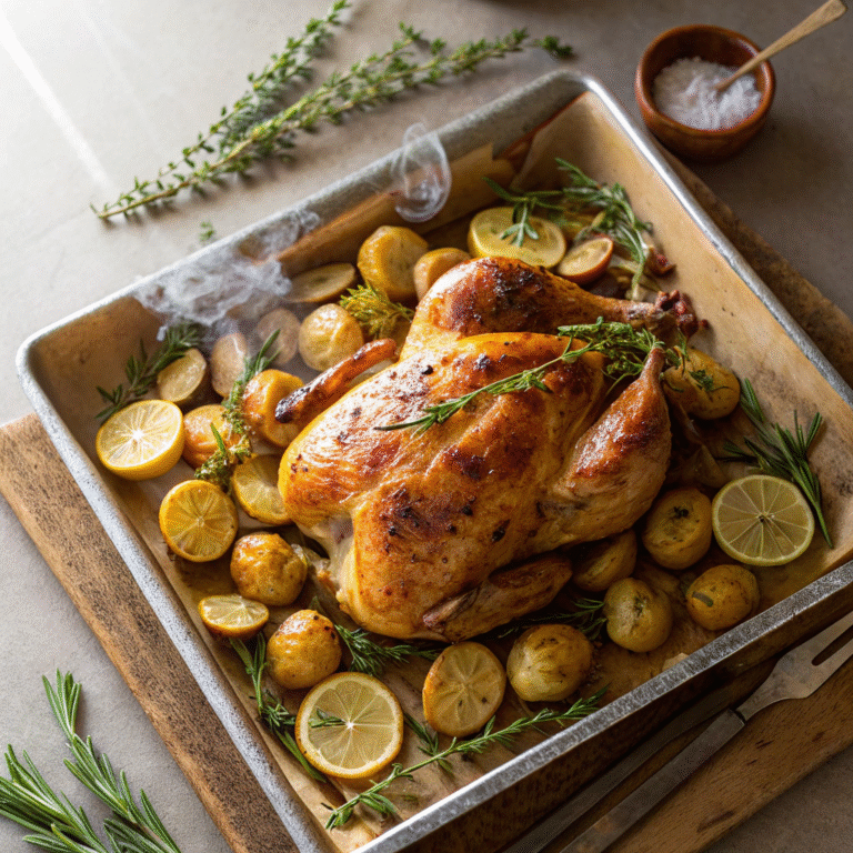 🍋🔥 Lemon-Herb Showstopper: Crispy Roast Chicken & Potatoes