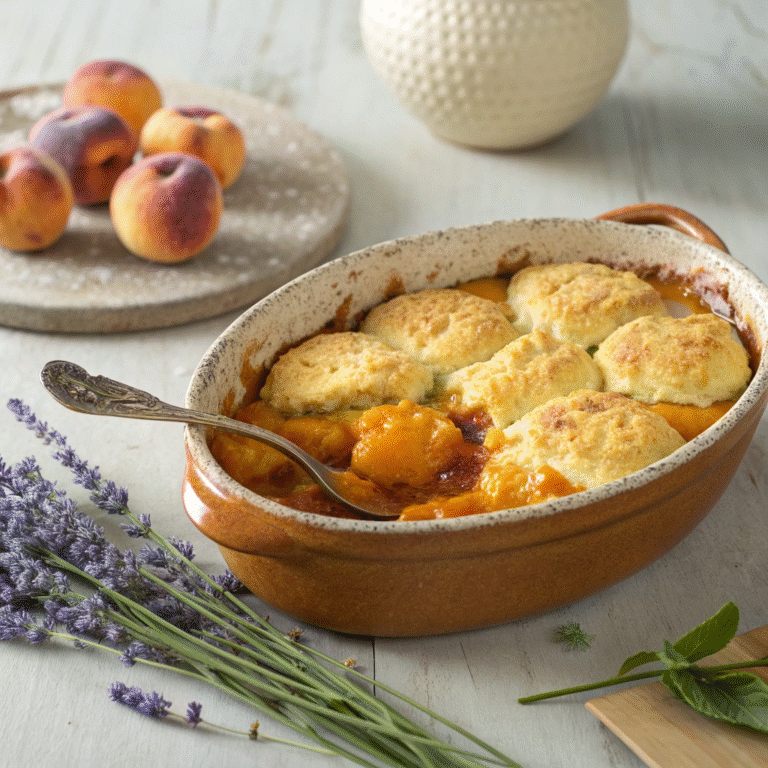 🍑🌸 Rustic Peach & Lavender Cobbler: Summer in a Skillet