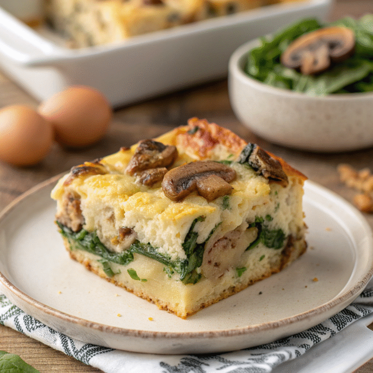 🍳 Cozy Morning Magic: Sourdough Breakfast Strata with Spinach & Mushrooms