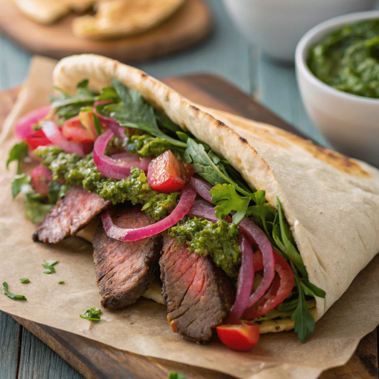 🔥 Steak & Chimichurri Pita Party: Arugula, Tomato + Pickled-Onion Power Pocket