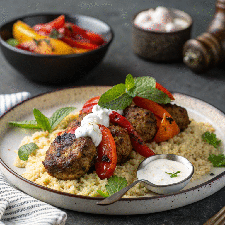 🥙 Sizzling Turkey Kofta Party: Herby Bulgur, Garlicky Yogurt & Charred Peppers