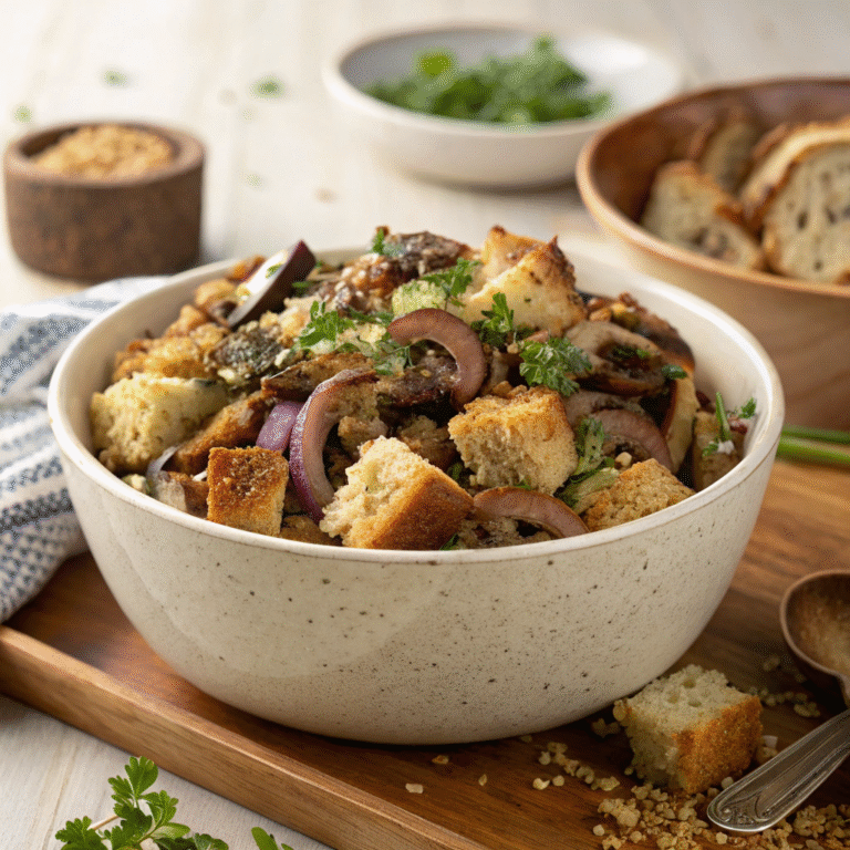 🍄 Cozy Holiday Hero: Vegan Sourdough Stuffing with Mushrooms