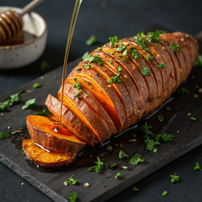 🍯🔥 Crispy-Edge Comfort: Hasselback Sweet Potatoes with Hot Honey