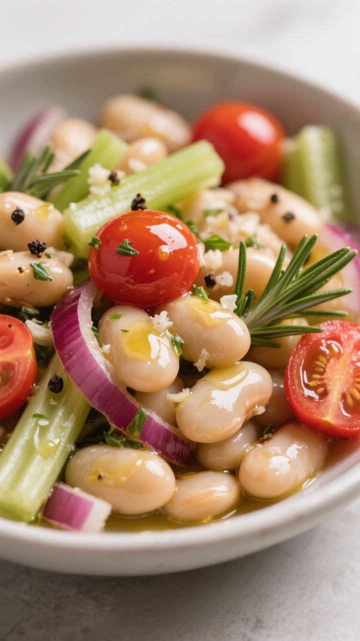 Close-up detail: A bowl of Tuscan Bean Salad just after tossing, showing glossy cannellini beans coa