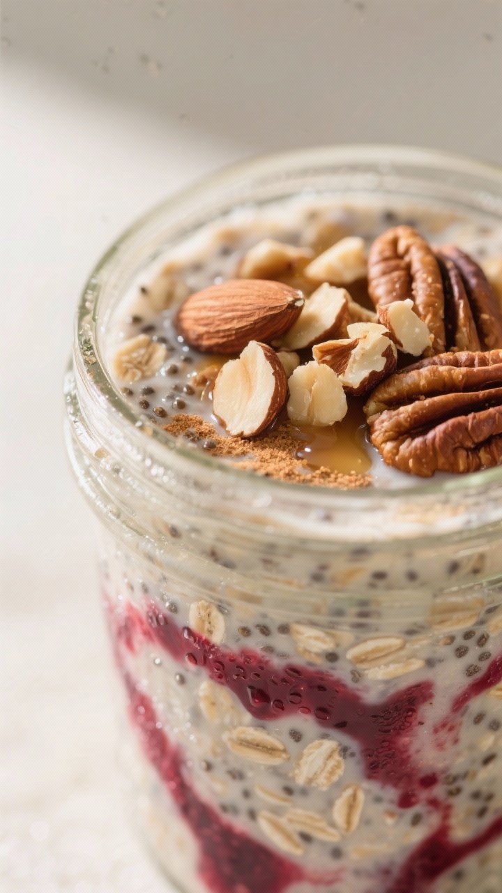 Close-up detail: A chilled jar of overnight oats after 8–12 hours in the fridge, creamy rolled oat