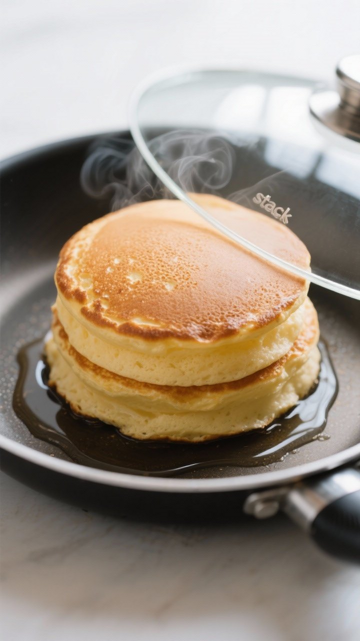 Close-up detail: A freshly cooked Japanese soufflé pancake just flipped, golden-brown underside fac