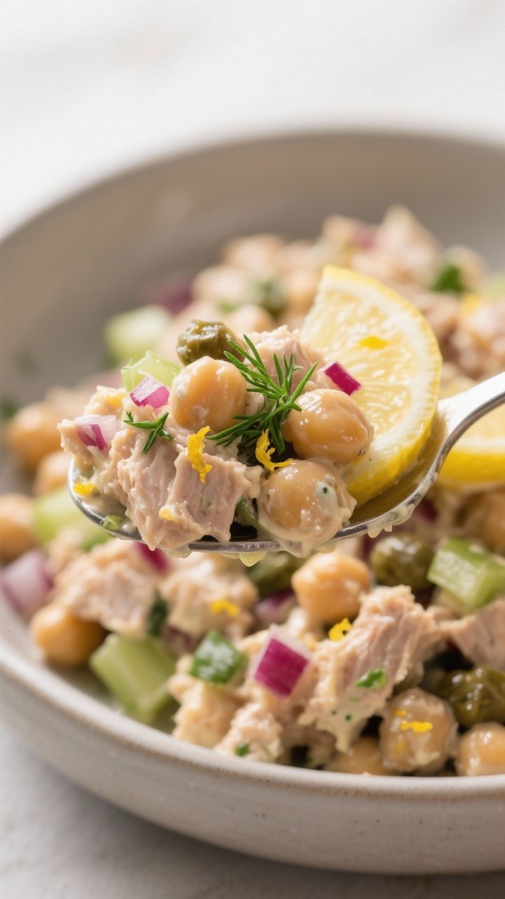 Close-up detail: A heaped spoonful of chickpea “tuna” salad just mixed in a bowl—about 70% mas