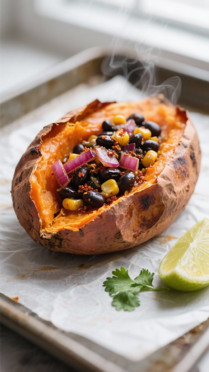 Close-up detail: A just-baked sweet potato split open on a parchment-lined sheet pan, steam rising,