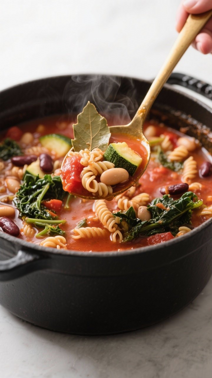 Close-up detail: A ladle lifting hearty minestrone from a simmering one-pot, showcasing glossy tomat