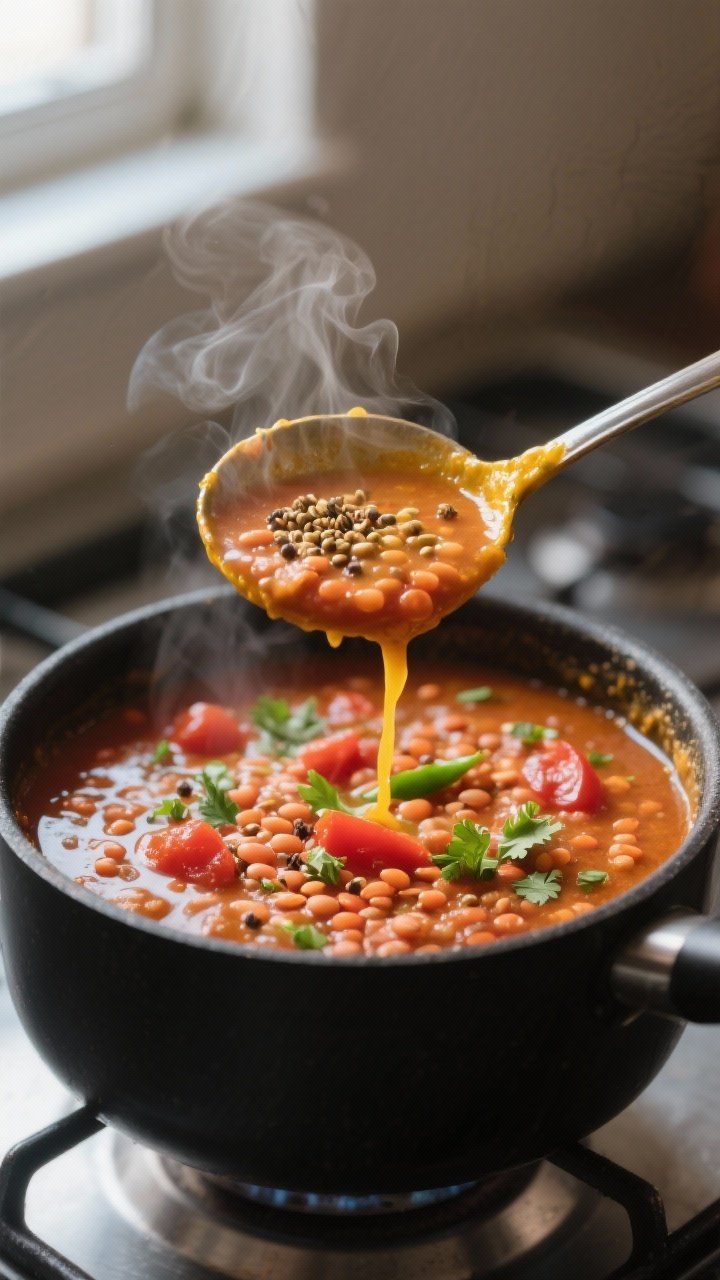 Close-up detail: A ladle lifting silky tomato lentil dal from a matte black pot as mustard seeds and