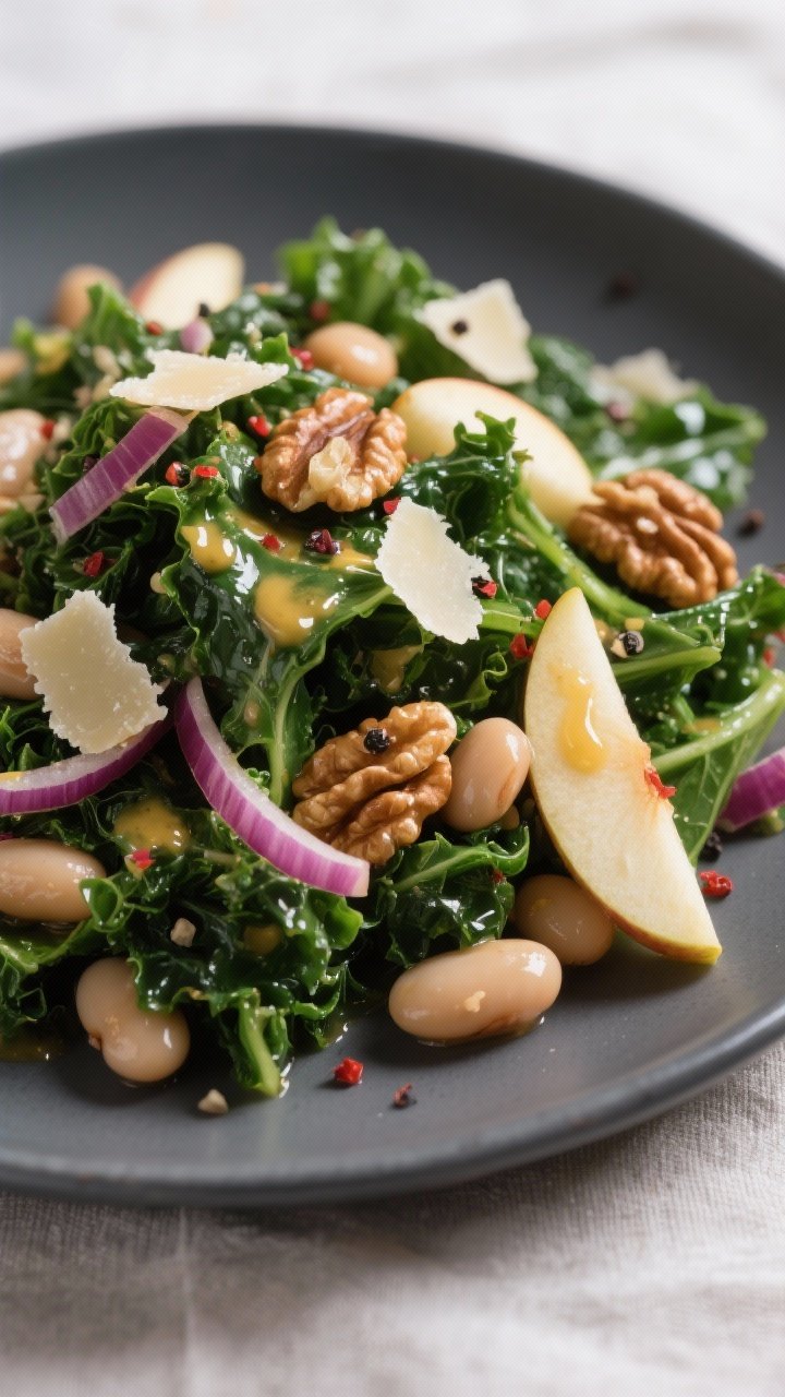 Close-up detail: A mound of massaged Tuscan kale tossed with glossy mustard vinaigrette and cannelli