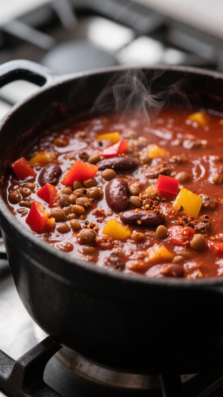 Close-up detail: A simmering one-pot chili sin carne in a matte black Dutch oven, showing glossy, th