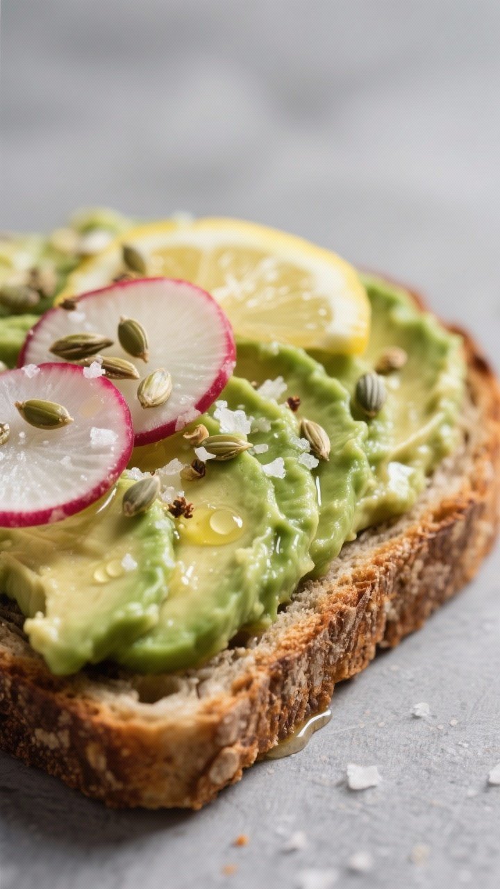 Close-up detail: A slice of deeply toasted whole‑grain bread topped with lemony mashed avocado, sh
