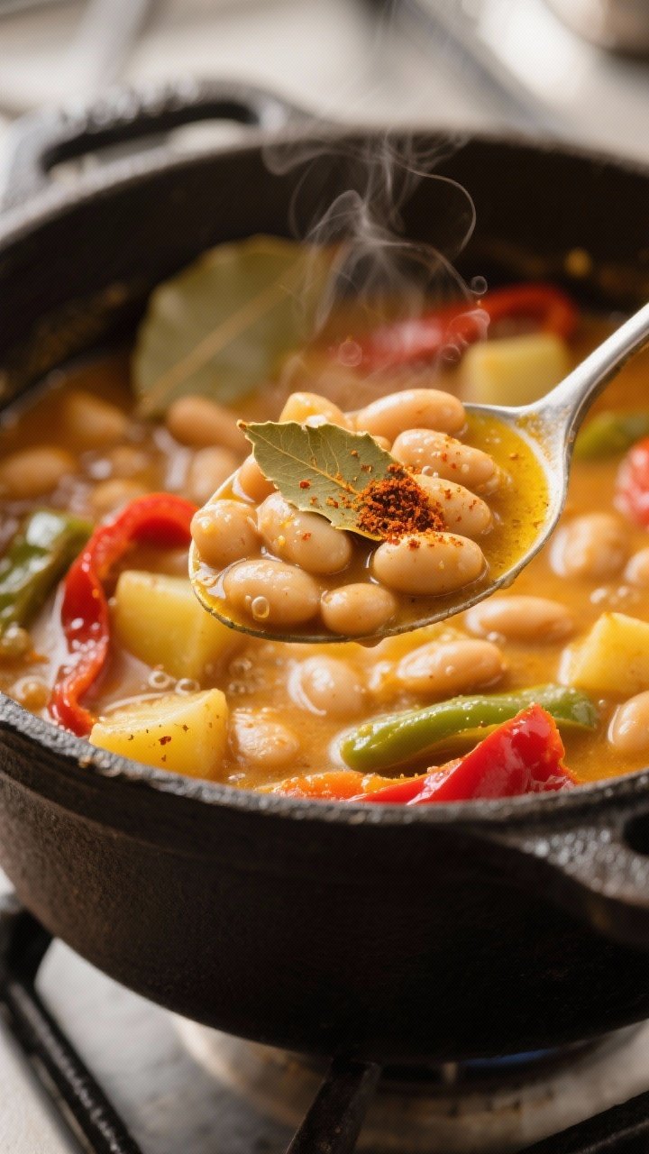 Close-up detail: A spoon lifting creamy Spanish-style bean stew from a cast-iron pot at a gentle sim