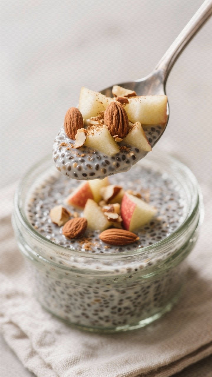 Close-up detail: A spoonful of set Apple–Cinnamon Chia Pudding lifted from a glass jar, showcasing