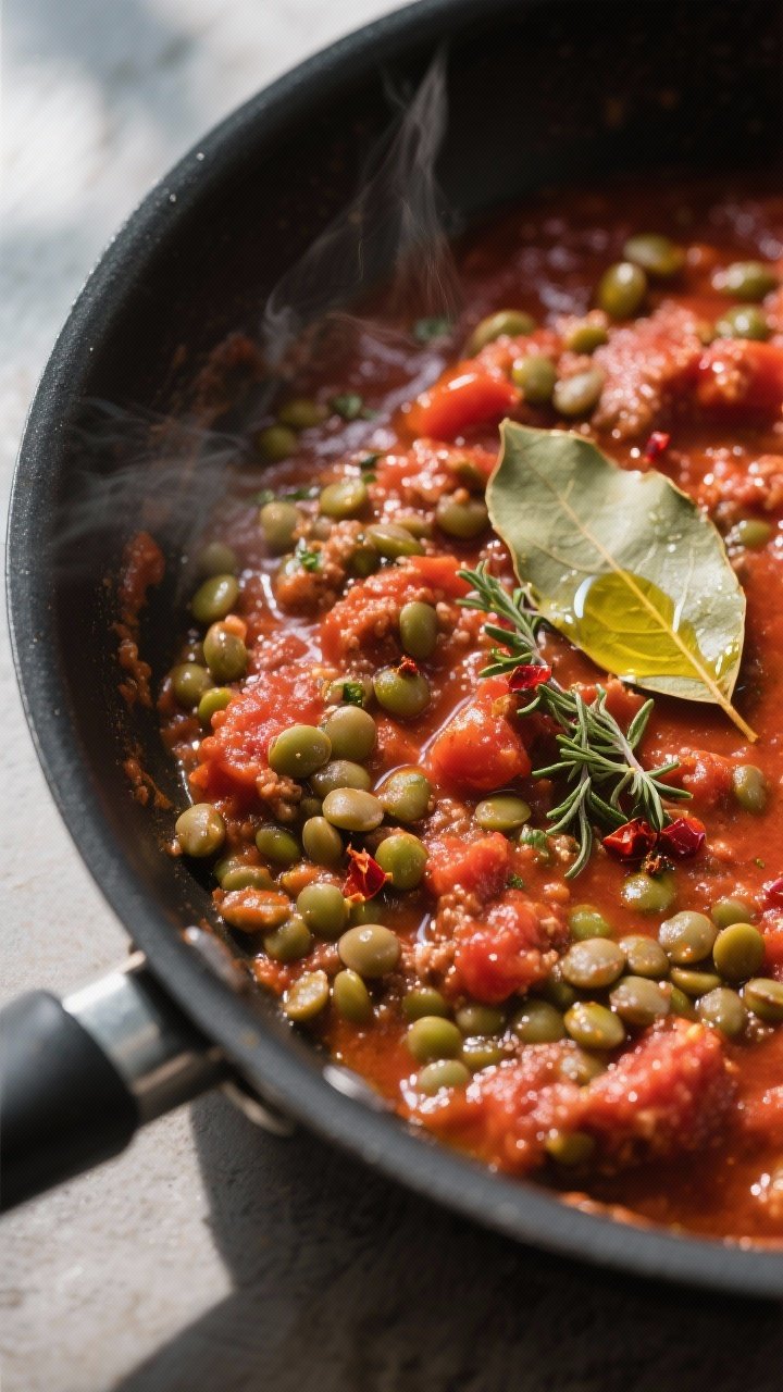 Close-up detail: A thick, glossy green lentil Bolognese simmering in a wide, matte-black sauté pan,