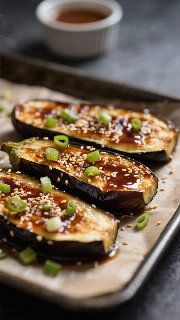 Close-up detail: Caramelized miso-glazed eggplant just out of the oven, scored Japanese eggplant hal