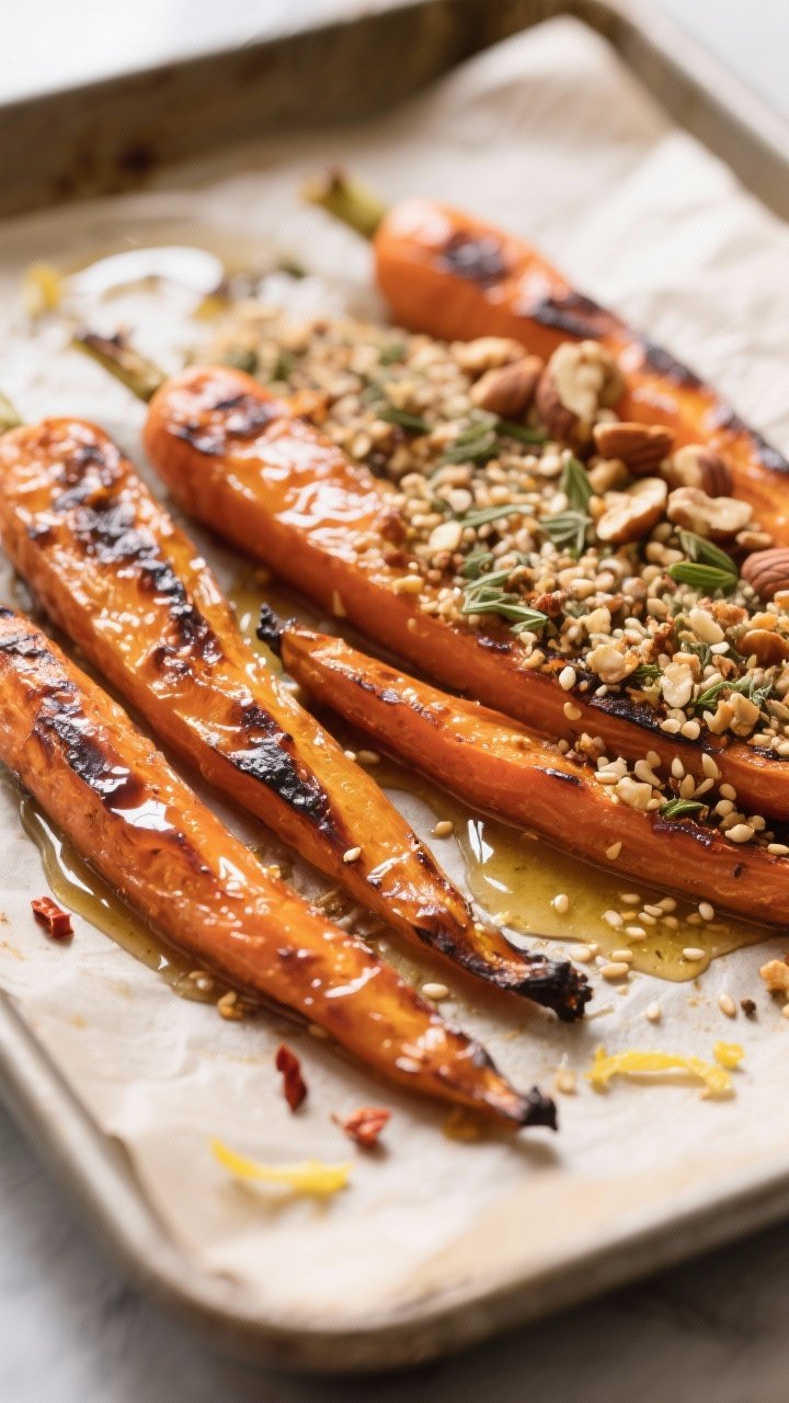 Close-up detail: Charred, caramelized roasted carrot batons just out of the oven at 425°F, edges bl