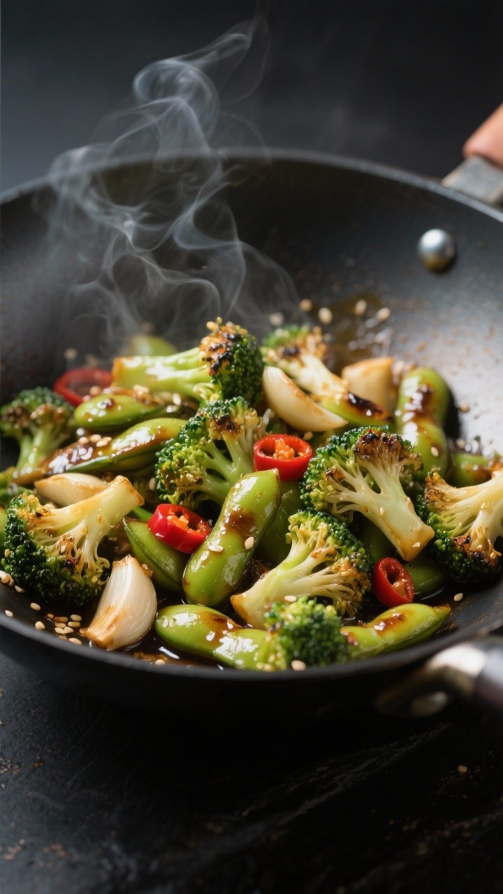 Close-up detail: Charred, crisp-tender broccoli florets and glossy edamame mid-stir-fry in a carbon