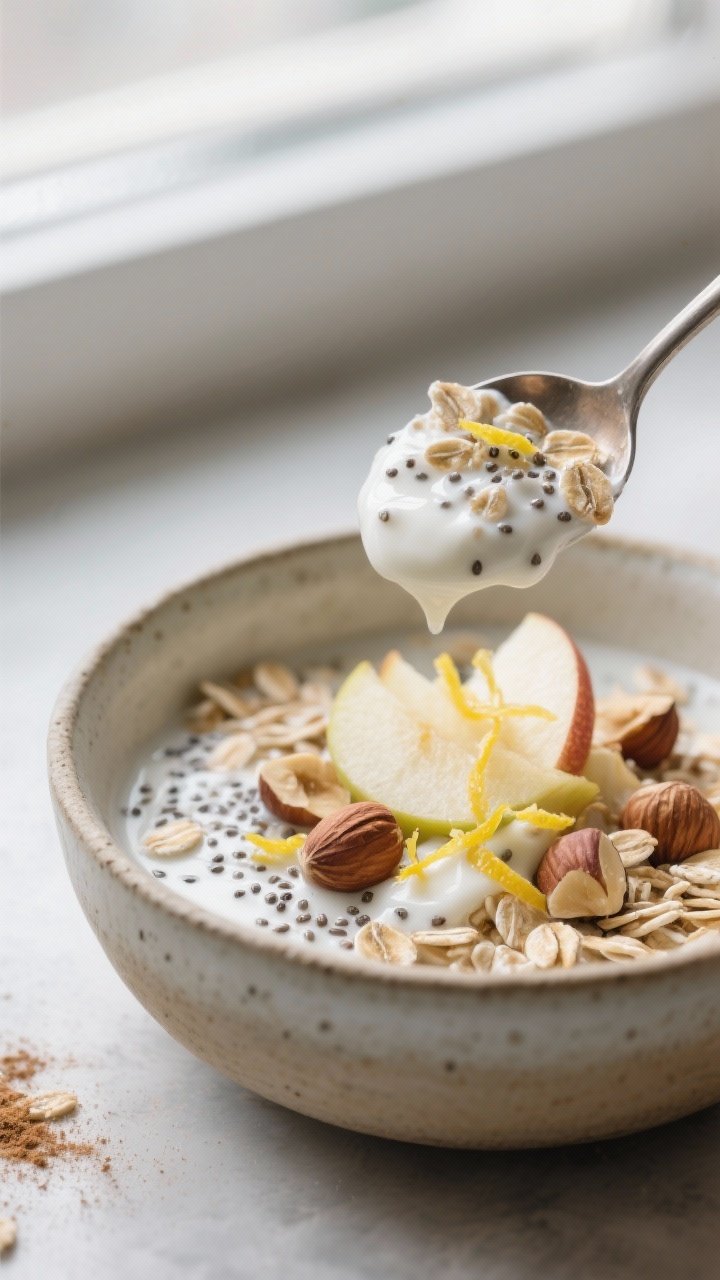 Close-up detail: Creamy Birchermuesli after overnight rest being stirred in a ceramic bowl, showing