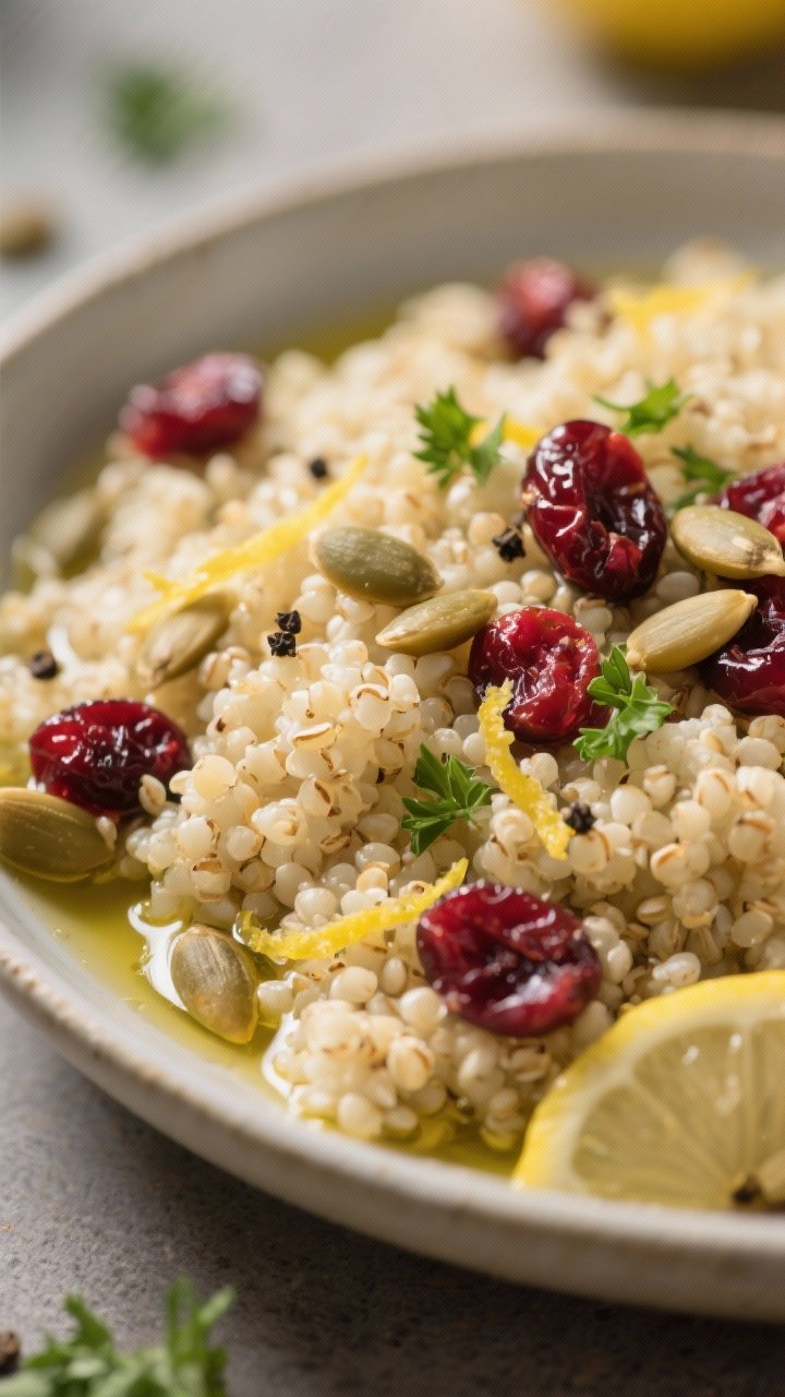 Close-up detail: Fluffy lemon-zested quinoa being fluffed in a wide shallow bowl, with visible lemon