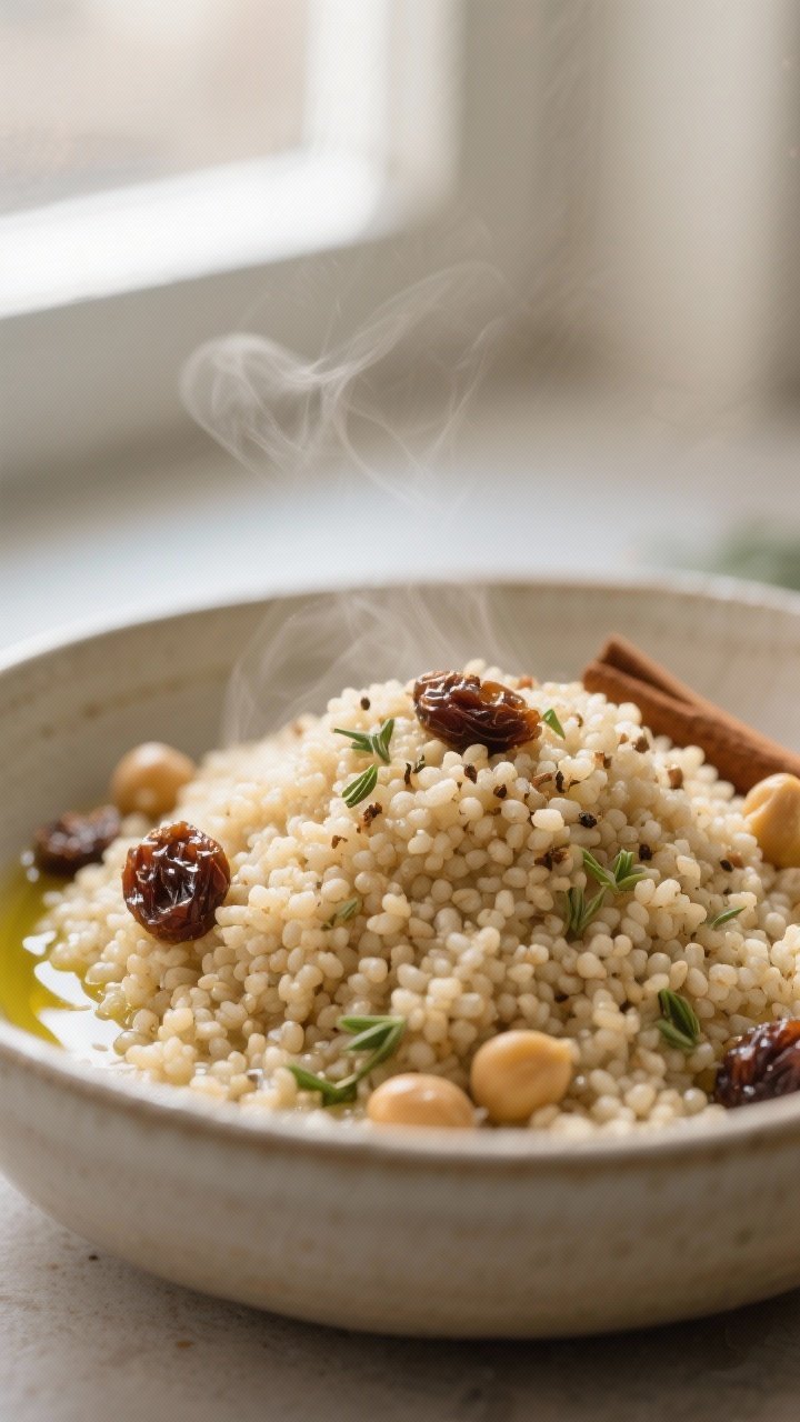 Close-up detail: Fluffy whole-wheat couscous just after fluffing, grains separated and glossy with a