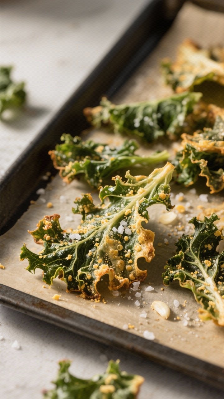 Close-up detail: Freshly baked kale chips just out of the oven, curled and crisp with visible bubble