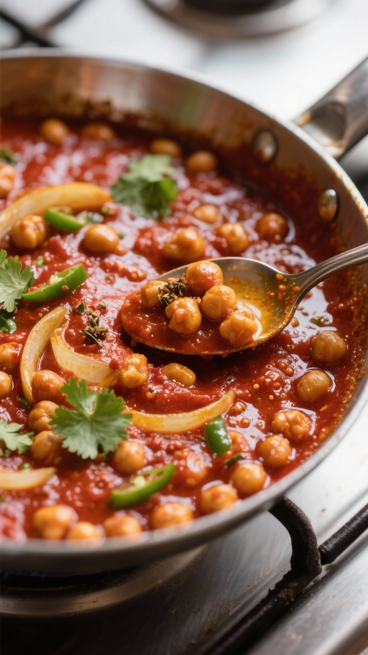 Close-up detail: Glossy chana masala simmering in a wide stainless skillet, chickpeas swirled in a t