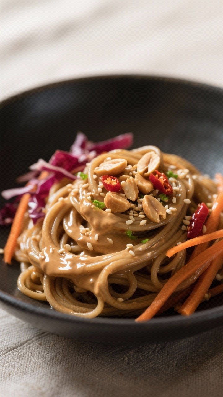 Close-up detail: Glossy soba noodles just tossed with silky peanut sauce, strands coated to a runny-