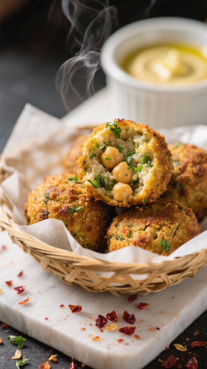 Close-up detail: Golden, air-fried falafel just out of the basket, cracked surface showing coarse, m